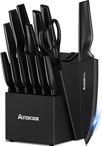Astercook Knife Set with Built-in Sharpener Block - 15 Pieces