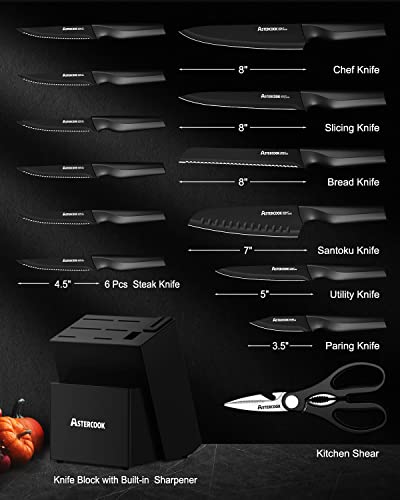 Astercook Knife Set with Built-in Sharpener Block - 15 Pieces