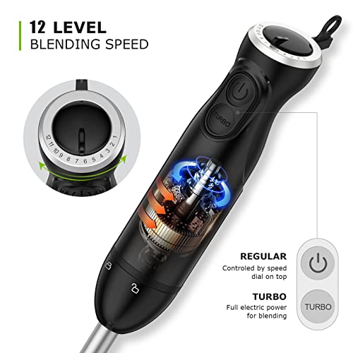 Bonsenkitchen Handheld Blender, Electric Hand Blender 12-Speed & Turbo Mode, Immersion Blender Portable Stick Mixer with Stainless Steel Blades for Soup, Smoothie, Puree, Baby Food