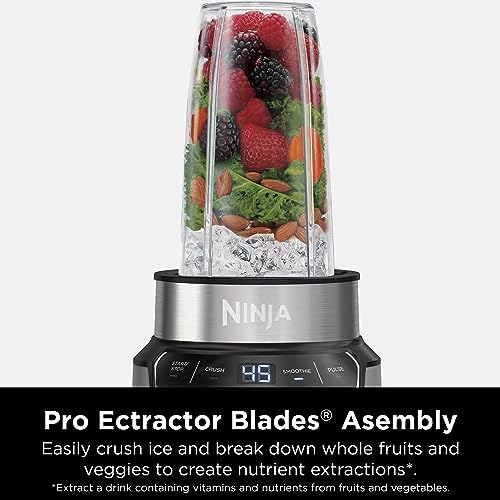 Ninja BN401 Nutri Pro Compact Personal Blender, Auto-iQ Technology, 1000-Peak-Watts, for Frozen Drinks, Smoothies, Sauces & More, with (2) 24-oz. To-Go Cups & Spout Lids, Cloud Silver