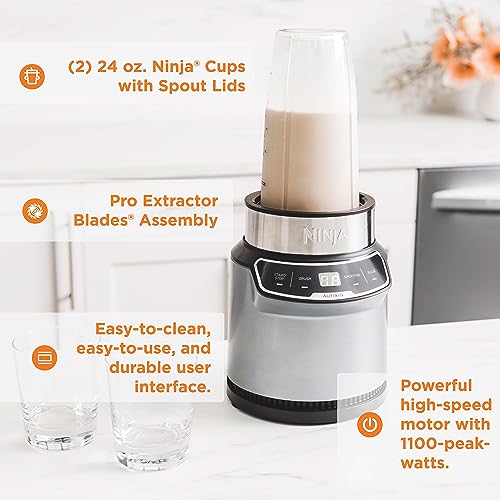Ninja BN401 Nutri Pro Compact Personal Blender, Auto-iQ Technology, 1000-Peak-Watts, for Frozen Drinks, Smoothies, Sauces & More, with (2) 24-oz. To-Go Cups & Spout Lids, Cloud Silver