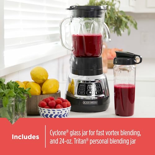 Black+Decker Quiet Blender with 6-Cup Cyclone Glass Jar, 3 Speeds + 3 Functions & Serrated Blade Technology for Faster Blending, Pulse Button and 24-oz Personal Jar, 900W