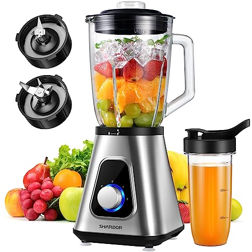 Blender for Shake and Smoothies 2.0, SHARDOR Powerful 1200W Countertop Blender for Kitchen, 52oz Glass Jar, 3 Adjustable Speed Control for Frozen Fruit Drinks, Smoothies, Sauces & More, Sliver