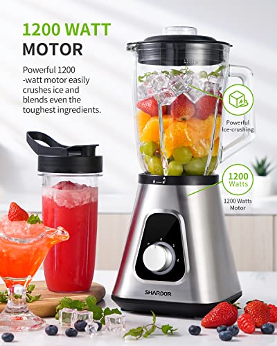 Blender for Shake and Smoothies 2.0, SHARDOR Powerful 1200W Countertop Blender for Kitchen, 52oz Glass Jar, 3 Adjustable Speed Control for Frozen Fruit Drinks, Smoothies, Sauces & More, Sliver