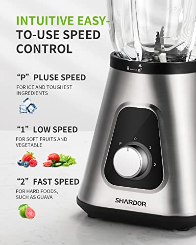 Blender for Shake and Smoothies 2.0, SHARDOR Powerful 1200W Countertop Blender for Kitchen, 52oz Glass Jar, 3 Adjustable Speed Control for Frozen Fruit Drinks, Smoothies, Sauces & More, Sliver