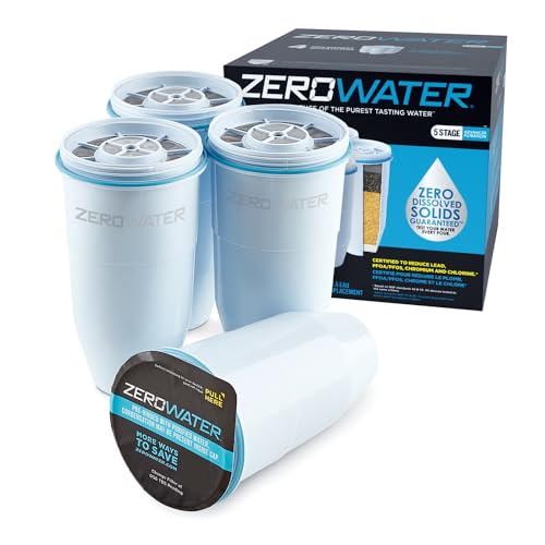 ZeroWater Official Replacement Filter - 5-Stage 0 TDS Filter Replacement - System IAPMO Certified to Reduce Lead, Chromium, and PFOA/PFOS, 4-Pack