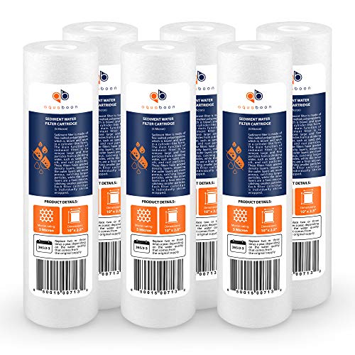 Aquaboon 5 Micron Water Filter 10" x 2.5" PP Universal Sediment Filters for Well Water - Water Filter Replacement Cartridge for Any Standard RO Unit Compatible with Aqua Pure AP110, AP101T (6 Pack)