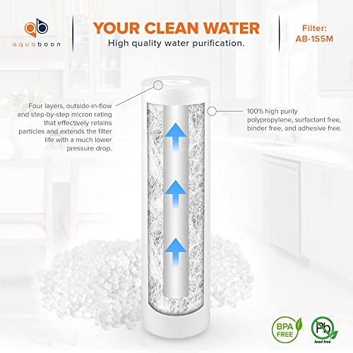 Aquaboon 5 Micron Water Filter 10" x 2.5" PP Universal Sediment Filters for Well Water - Water Filter Replacement Cartridge for Any Standard RO Unit Compatible with Aqua Pure AP110, AP101T (6 Pack)