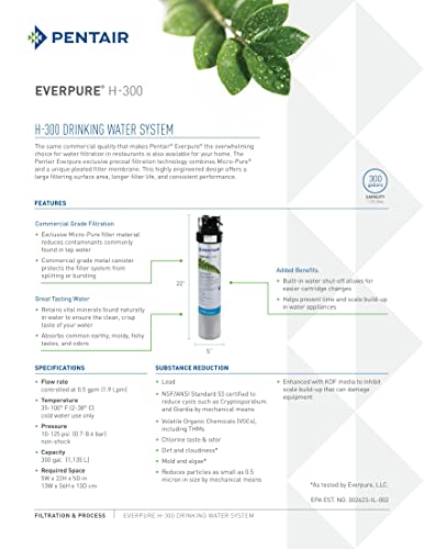 Pentair Everpure H-300 Quick-Change Filter Cartridge, EV927072, For Use in Everpure H-300 Drinking Water Systems, 300 Gallon Capacity, 0.5 Micron