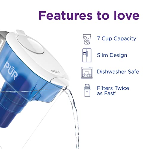 PUR 7-Cup Pitcher Water Filter - Small Capacity, 2-in-1 Filtration, BPA Free, Dishwasher Safe, White/Blue (PPT700W)