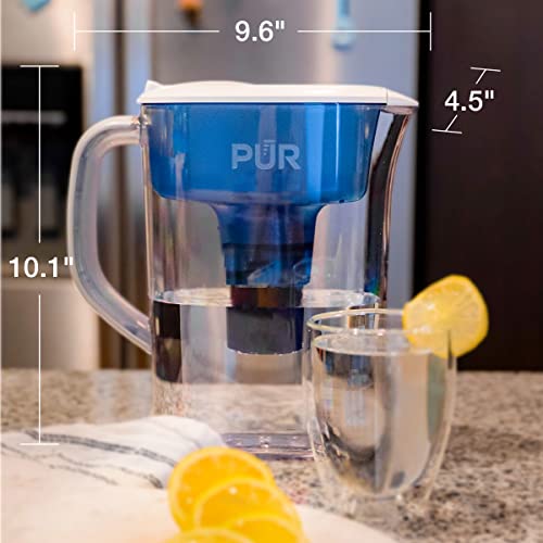 PUR 7-Cup Pitcher Water Filter - Small Capacity, 2-in-1 Filtration, BPA Free, Dishwasher Safe, White/Blue (PPT700W)