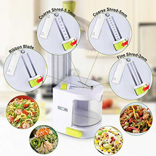 Spiralizer Vegetable Slicer (4-in-1 Rotating Blades) Heavy Duty Veggie Spiralizer with Strong Suction Cup, Zucchini Spiral Noodle/Zoodle/Spaghetti/Pasta Maker (Recipe Book and Cleaning Brush)