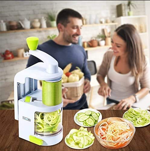 Spiralizer Vegetable Slicer (4-in-1 Rotating Blades) Heavy Duty Veggie Spiralizer with Strong Suction Cup, Zucchini Spiral Noodle/Zoodle/Spaghetti/Pasta Maker (Recipe Book and Cleaning Brush)