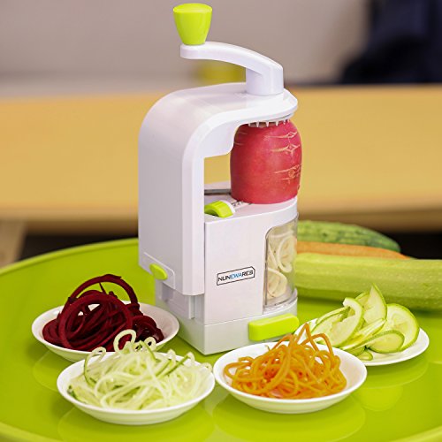Spiralizer Vegetable Slicer (4-in-1 Rotating Blades) Heavy Duty Veggie Spiralizer with Strong Suction Cup, Zucchini Spiral Noodle/Zoodle/Spaghetti/Pasta Maker (Recipe Book and Cleaning Brush)