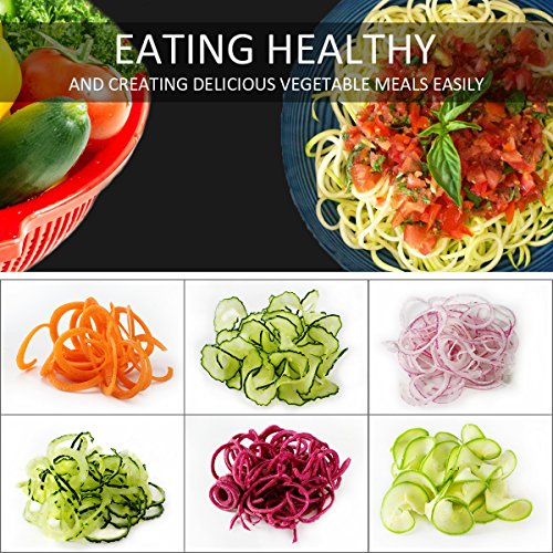 Spiralizer Vegetable Slicer (4-in-1 Rotating Blades) Heavy Duty Veggie Spiralizer with Strong Suction Cup, Zucchini Spiral Noodle/Zoodle/Spaghetti/Pasta Maker (Recipe Book and Cleaning Brush)