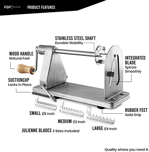POP Design Stainless Steel Vegetable Spiralizer, Commercial Grade Spiralizer and Potato Cutter for Curly Fries, Noodle Maker and Zoodler, 3 Blade Size Cutters, Wooden Handle, No-Slip Suction Base