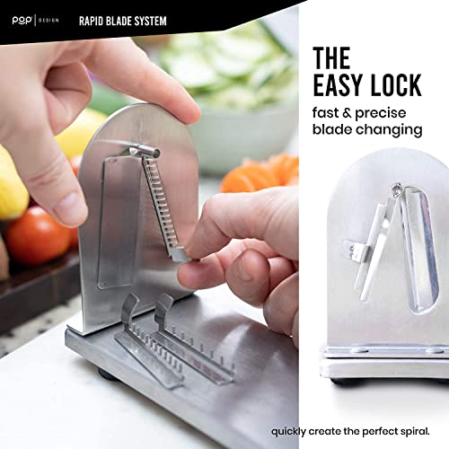 POP Design Stainless Steel Vegetable Spiralizer, Commercial Grade Spiralizer and Potato Cutter for Curly Fries, Noodle Maker and Zoodler, 3 Blade Size Cutters, Wooden Handle, No-Slip Suction Base