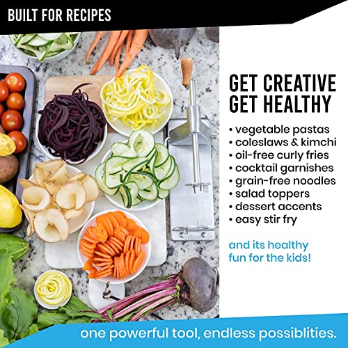 POP Design Stainless Steel Vegetable Spiralizer, Commercial Grade Spiralizer and Potato Cutter for Curly Fries, Noodle Maker and Zoodler, 3 Blade Size Cutters, Wooden Handle, No-Slip Suction Base