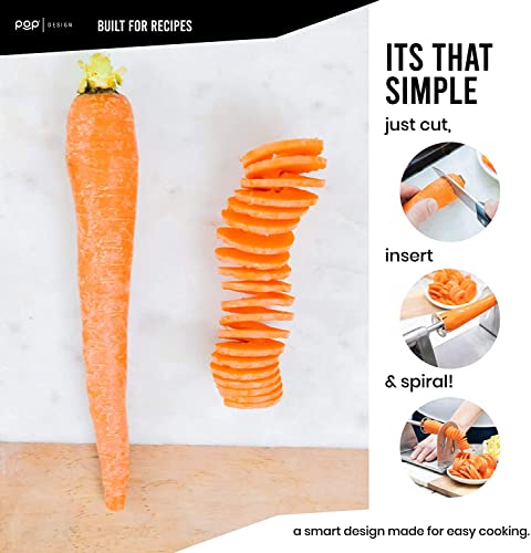 POP Design Stainless Steel Vegetable Spiralizer, Commercial Grade Spiralizer and Potato Cutter for Curly Fries, Noodle Maker and Zoodler, 3 Blade Size Cutters, Wooden Handle, No-Slip Suction Base