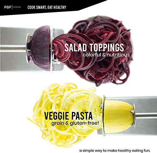 POP Design Stainless Steel Vegetable Spiralizer, Commercial Grade Spiralizer and Potato Cutter for Curly Fries, Noodle Maker and Zoodler, 3 Blade Size Cutters, Wooden Handle, No-Slip Suction Base