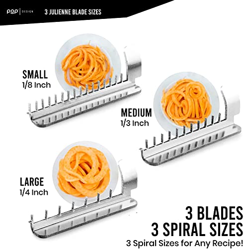 POP Design Stainless Steel Vegetable Spiralizer, Commercial Grade Spiralizer and Potato Cutter for Curly Fries, Noodle Maker and Zoodler, 3 Blade Size Cutters, Wooden Handle, No-Slip Suction Base