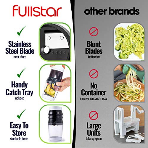 Fullstar Black 6 in 1 Vegetable Spiralizer, Stainless Steel Blade, Adjustable Handheld Spaghetti Cutter, Zucchini Noodles, Container Included