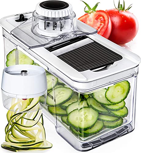 PrepNaturals Adjustable Mandoline Slicer with Spiralizer Vegetable Slicer - Black Veggie Slicer Mandoline Food Slicer with Julienne Grater - V Slicer