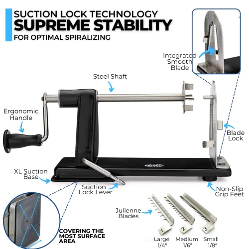 ICO 3-Blade Steel Vegetable Spiralizer Slicer and Curly Fry Cutter, Zoodles Maker with 3 Stainless Steel Interchangeable Blades and 1 Built-In & Non-Slip Technology, Black