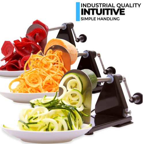 ICO 3-Blade Steel Vegetable Spiralizer Slicer and Curly Fry Cutter, Zoodles Maker with 3 Stainless Steel Interchangeable Blades and 1 Built-In & Non-Slip Technology, Black