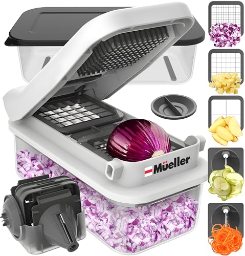 Mueller Pro-Series V Blade Vegetable Chopper, Egg Slicer, Spiralizer, Dicer, Food Chopper Veggie Fruit Cutter, French Fry Cutter, Kitchen Gadgets 2024 with Food Container White Sand/Grey