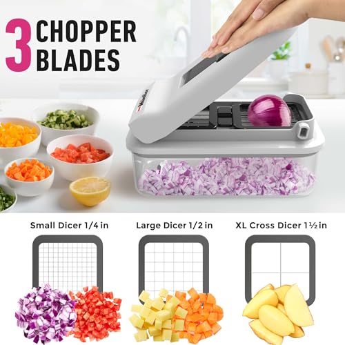 Mueller Pro-Series V Blade Vegetable Chopper, Egg Slicer, Spiralizer, Dicer, Food Chopper Veggie Fruit Cutter, French Fry Cutter, Kitchen Gadgets 2024 with Food Container White Sand/Grey