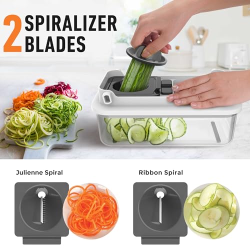 Mueller Pro-Series V Blade Vegetable Chopper, Egg Slicer, Spiralizer, Dicer, Food Chopper Veggie Fruit Cutter, French Fry Cutter, Kitchen Gadgets 2024 with Food Container White Sand/Grey