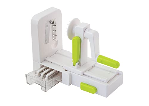 Farberware Professional Foldable Fruit And Vegetable Spiralizer Slicer Easy Store Fold And Lock With 4 Blades And Built In Blade Storage Caddy, White