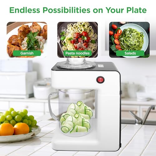 NutriChef 3-in-1 Electric Vegetable Chopper, Spiralizer, and Salad Maker - Fruit Cutter, Spiral Shredder Machine, Veggie Spaghetti & Noodle Maker | Includes Food Plunger & 1.2L Bowl
