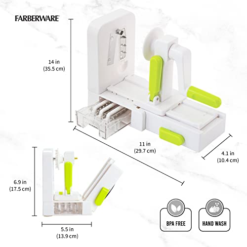 Farberware Professional Foldable Fruit And Vegetable Spiralizer Slicer Easy Store Fold And Lock With 4 Blades And Built In Blade Storage Caddy, White