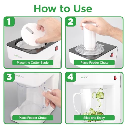 NutriChef 3-in-1 Electric Vegetable Chopper, Spiralizer, and Salad Maker - Fruit Cutter, Spiral Shredder Machine, Veggie Spaghetti & Noodle Maker | Includes Food Plunger & 1.2L Bowl