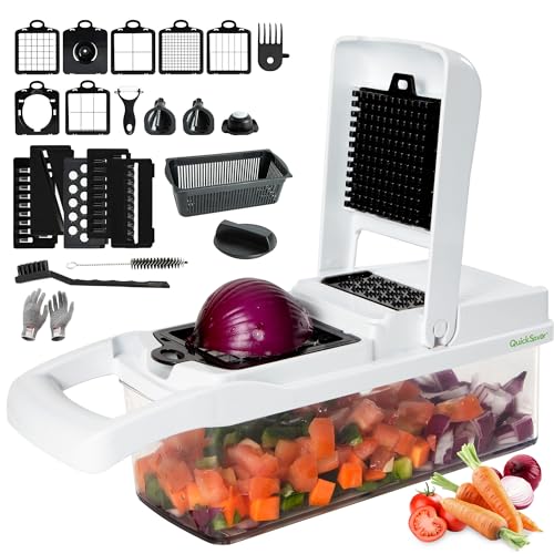 QuickSavor Vegetable Chopper and Cheese Grater, PRO Multifunctional 24-in-1 Chopper Vegetable Cutter, Anti-Slip Container, Safety Gloves, Chop-Cut-Spiralizer, Easy Clean, Food Grade Material