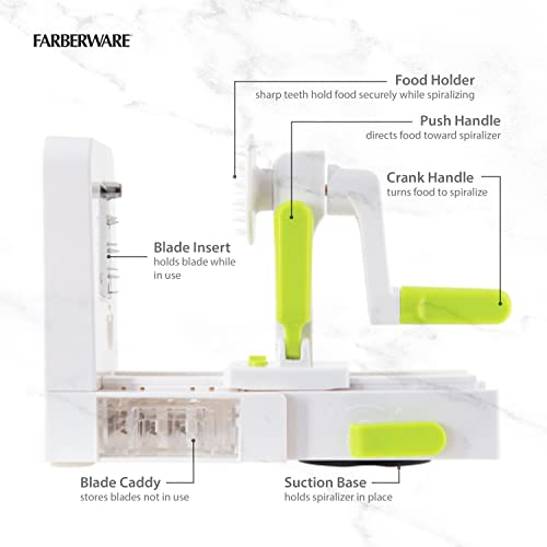 Farberware Professional Foldable Fruit And Vegetable Spiralizer Slicer Easy Store Fold And Lock With 4 Blades And Built In Blade Storage Caddy, White