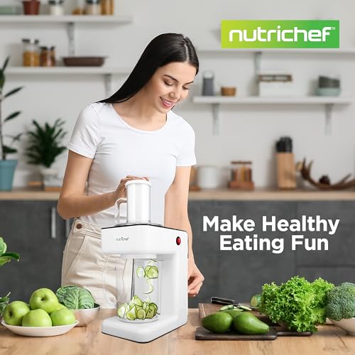 NutriChef 3-in-1 Electric Vegetable Chopper, Spiralizer, and Salad Maker - Fruit Cutter, Spiral Shredder Machine, Veggie Spaghetti & Noodle Maker | Includes Food Plunger & 1.2L Bowl
