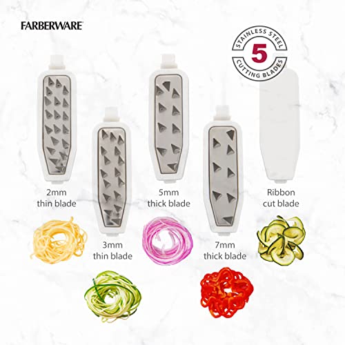Farberware Professional Foldable Fruit And Vegetable Spiralizer Slicer Easy Store Fold And Lock With 4 Blades And Built In Blade Storage Caddy, White
