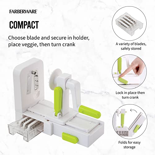 Farberware Professional Foldable Fruit And Vegetable Spiralizer Slicer Easy Store Fold And Lock With 4 Blades And Built In Blade Storage Caddy, White