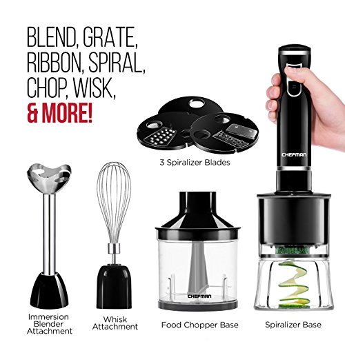 Chefman Electric Spiralizer & Immersion Blender/Vegetable Slicer 6-in-1 Food Prep Combo Kit, Includes 3 Spiralizing Blade Attachments, Zoodle Maker; Grate, Ribbon, Spiral, Blend, Chop, and Puree