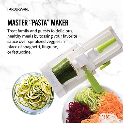 Farberware Professional Foldable Fruit And Vegetable Spiralizer Slicer Easy Store Fold And Lock With 4 Blades And Built In Blade Storage Caddy, White
