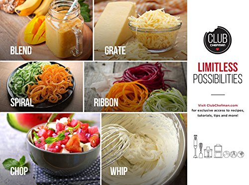 Chefman Electric Spiralizer & Immersion Blender/Vegetable Slicer 6-in-1 Food Prep Combo Kit, Includes 3 Spiralizing Blade Attachments, Zoodle Maker; Grate, Ribbon, Spiral, Blend, Chop, and Puree