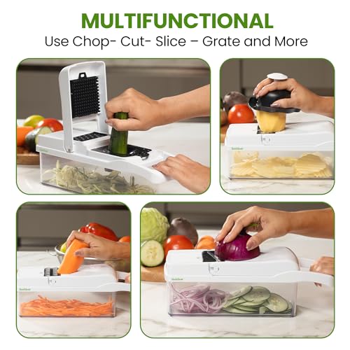 QuickSavor Vegetable Chopper and Cheese Grater, PRO Multifunctional 24-in-1 Chopper Vegetable Cutter, Anti-Slip Container, Safety Gloves, Chop-Cut-Spiralizer, Easy Clean, Food Grade Material
