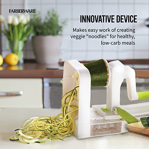 Farberware Professional Foldable Fruit And Vegetable Spiralizer Slicer Easy Store Fold And Lock With 4 Blades And Built In Blade Storage Caddy, White