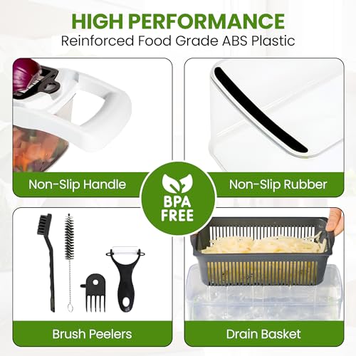 QuickSavor Vegetable Chopper and Cheese Grater, PRO Multifunctional 24-in-1 Chopper Vegetable Cutter, Anti-Slip Container, Safety Gloves, Chop-Cut-Spiralizer, Easy Clean, Food Grade Material