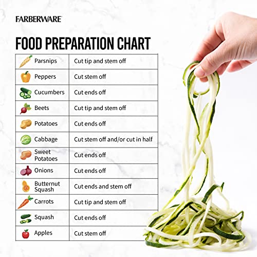 Farberware Professional Foldable Fruit And Vegetable Spiralizer Slicer Easy Store Fold And Lock With 4 Blades And Built In Blade Storage Caddy, White