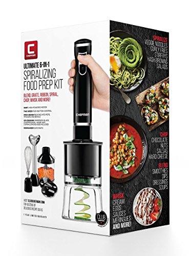 Chefman Electric Spiralizer & Immersion Blender/Vegetable Slicer 6-in-1 Food Prep Combo Kit, Includes 3 Spiralizing Blade Attachments, Zoodle Maker; Grate, Ribbon, Spiral, Blend, Chop, and Puree