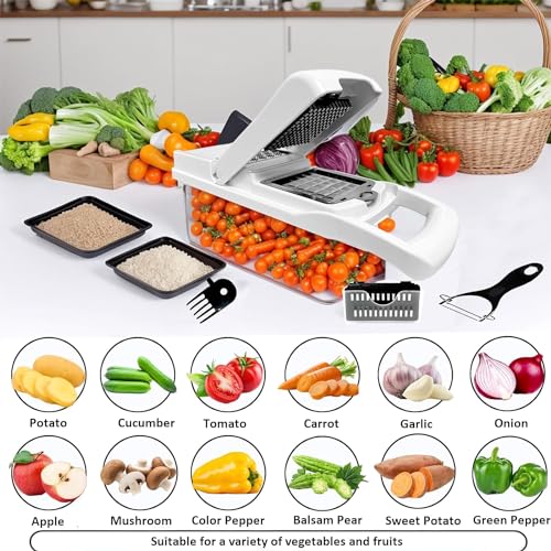 Lifeeverkeep Vegetable Chopper - Cheese Grater, 9-in-1 Mandoline Slicer Chopper Vegetable Cutter, Anti-Slip Container, Safety Gloves, Chop-Cut-Spiralizer, Easy Clean